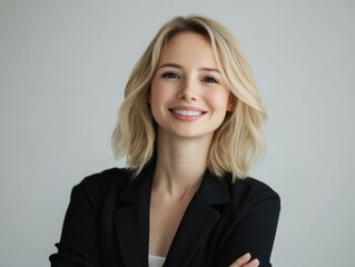 Professional smiling female call center representative with blonde hair wearing a black blazer against a soft white backdrop, offering perfect copyspace.