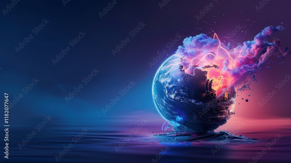 Poster a vibrant abstract depiction of a globe surrounded by colorful clouds, blending cosmic elements with