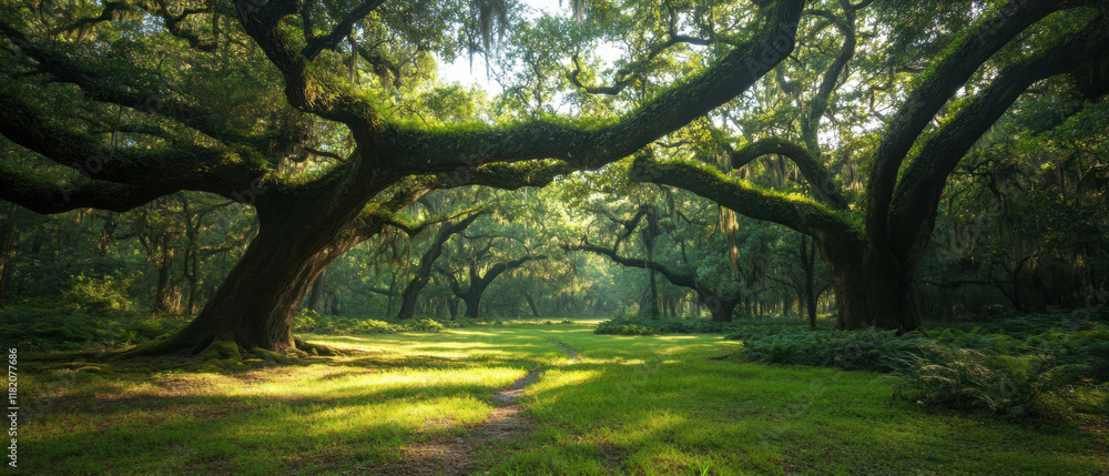 Poster moss covered ancient trees in a serene forest setting evoke tranquility and mystery