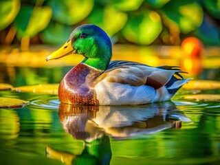 Fototapeta premium Serene Mallard Duck Resting on Lily Pad in Calm Pond - Stock Photo