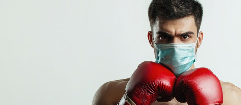 young man wearing red boxing gloves and protective blue face mask against white background promoting health awareness and safety in sports environment