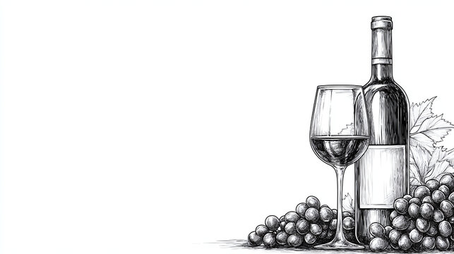 Sketch of wine glass, a bottle of wine and grapes. Draw a continuous line. Copy space, banner concept.