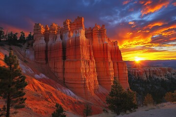 Stunning sunset over Bryce Canyon's red rocks, featuring vibrant colors and dramatic clouds