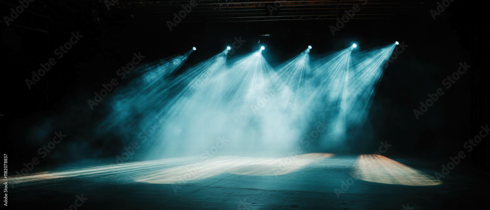Poster Dynamic stage lighting with multiple spotlights creating a vibrant performance atmosphere
