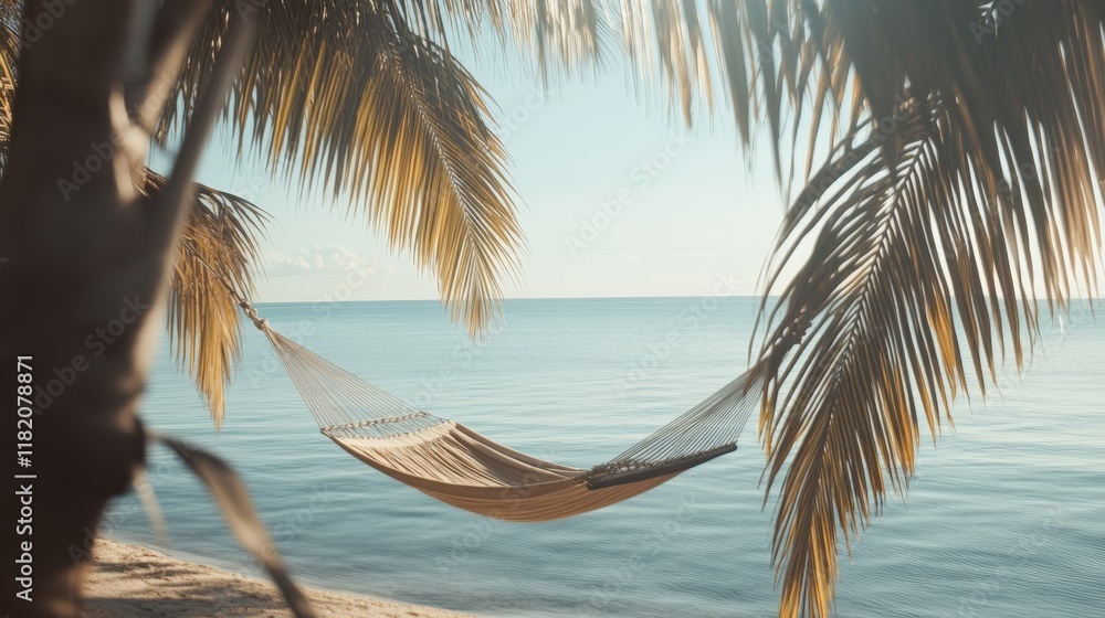 Poster Empty hammock hanging between two palm trees on a tropical beach at sunrise, offering a relaxing view of the calm ocean and inviting to enjoy the peace and tranquility of paradise