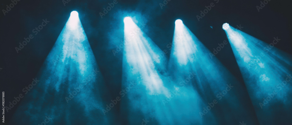 Poster Dynamic stage performance with varied lighting and multiple spotlights illuminating the scene