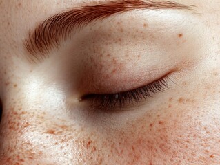 Close-up of woman&acirc;&euro;&trade;s closed eye with freckles and skin imperfections including wrinkles, dark spots, and blemishes, showcasing detailed skin textures.