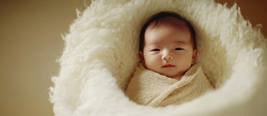Newborn baby wrapped in soft cream-colored blanket, with gentle expression, lying in a cozy, light-toned environment, Asian descent.
