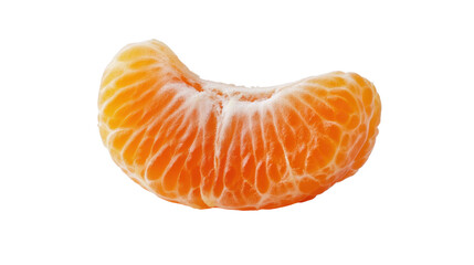 Close-Up Photograph of a Juicy Orange Segment Isolated on a White Background Highlighting the Textured Surface and Vibrant Color of Citrus Fruit