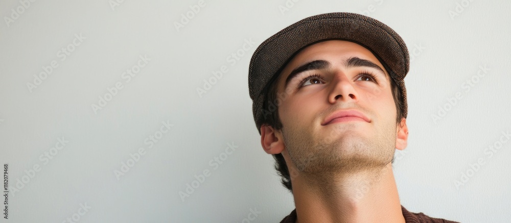 Poster young man in a stylish cap gazing upwards with neutral wall backdrop and ample copyspace for text in