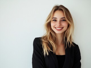 Professional smiling blonde woman in stylish black jacket against bright white background, showcasing friendly demeanor with ample copyspace for text.