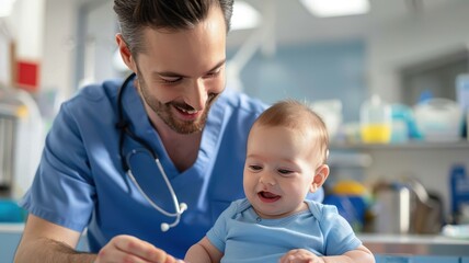 A joyful healthcare professional interacts with an infant in a clinical setting, showcasing care and compassion.