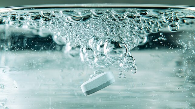 close-up of a paracetamol tablet dissolving in a glass of water, creating bubbles, with a blurred background emphasizing the medicinal effect. Paracetamol 