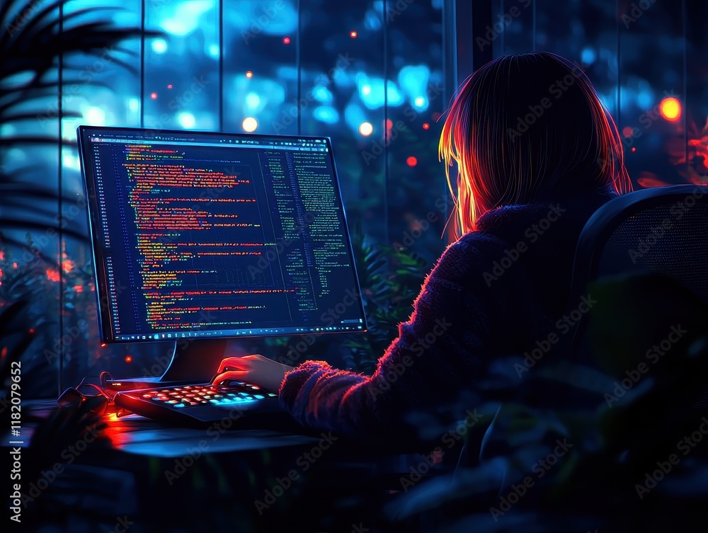 Poster a person coding at a computer in a dimly lit, colorful environment, surrounded by plants, creating a