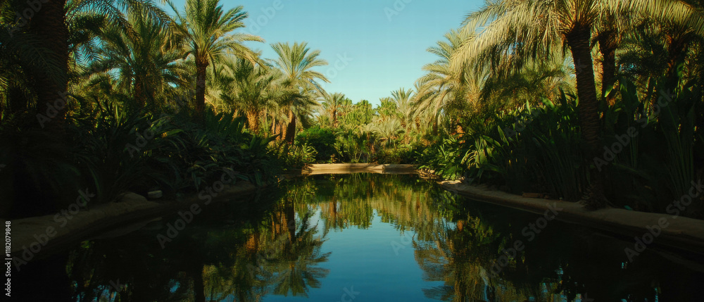 Poster serenity in the desert oasis amidst lush palm trees and calm water under a clear sky