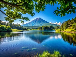 Serene Mountain Lake with Volcano Vista: Summer Vacation Nature Photography