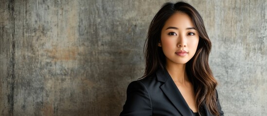 Fototapeta premium Confident young Asian businesswoman in a black blazer posed against a textured gray wall, showcasing professionalism and beauty in her twenties