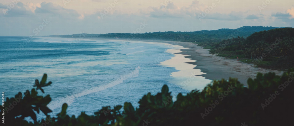 Poster ocean waves crashing on a vast shore under a cloudy sky at dusk