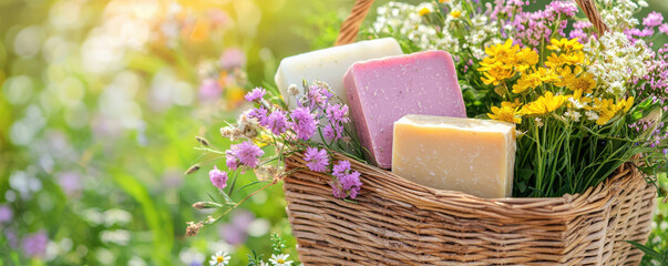 Handmade soap bars in wicker basket surrounded by colorful flowers, creating vibrant and fresh atmosphere. Perfect for natural skincare enthusiasts