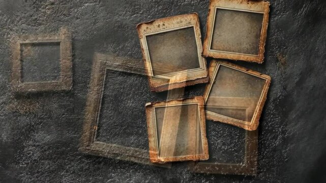 Empty wooden frames arranged on a dark textured surface for artistic display and creative projects