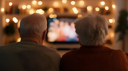 Fototapeta premium A close-up view of a senior coupleâ€™s faces lit by the soft glow of a television as they enjoy a movie together. The background features a tidy, inviting living room with bookshelves, plants, and a