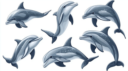 Fototapeta premium Set of bottlenose dolphins isolated on white background