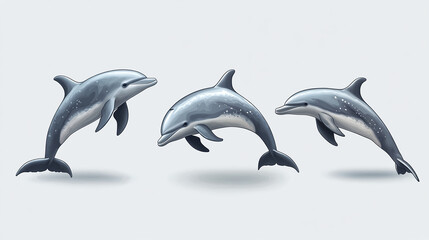 Beautiful grey bottlenose dolphins isolated on white background, collage, set of dolphins. 