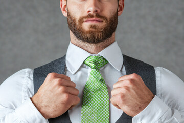 man adjusting his green tie while wearing formal vest and shirt, exuding confidence and style. This captures professional look perfect for business settings