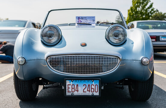 Chicago, Illinois, USA - September 08, 2024: Austin Healey Sprite sportscar retro convertible vehicle, front view. Retro sportscar. Convertible Austin Healey. Austin Healey car at Chicago