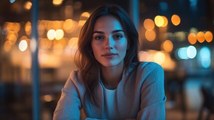 Smart young businesswoman with long brown hair in cozy office at night, illuminated by warm bokeh lights, reflecting confidence and poise.