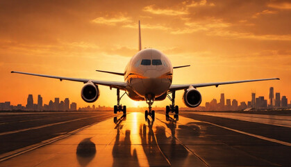 Obraz premium Airliner landing at sunset, city skyline silhouette, dramatic orange sky, reflective runway, golden hour lighting, aviation photography. Generative AI