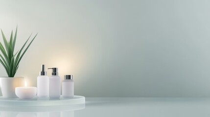A minimalist display of skincare products with a plant accent on a serene background.