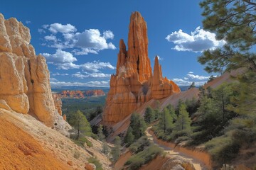 Naklejka premium Red rock formation towers over a winding trail under a bright blue sky in a national park