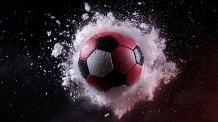 Naklejka premium Dynamic image of a soccer ball bursting through a cloud of dust, capturing the energy and excitement of the game.
