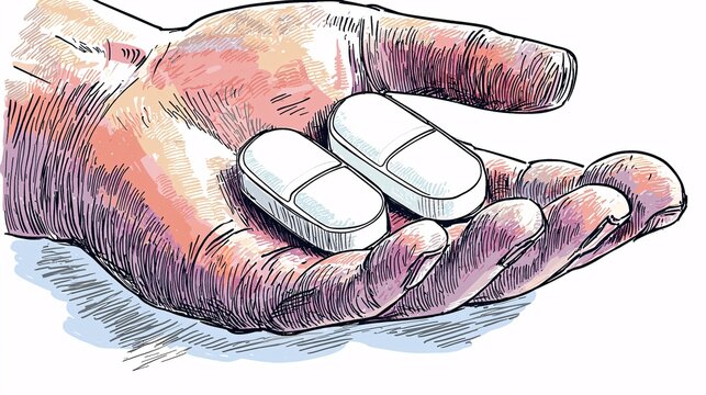 drawing of a hand holding a paracetamol tablet, with soft light and clean lines, isolated against a pure white backdrop to create a health-conscious theme. [Paracetamol]:[isolate on white background.I