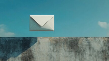 Email Envelope Floating Above Concrete Wall Against Blue Sky Symbolizing Communication and Messaging Concept in Modern Digital Era