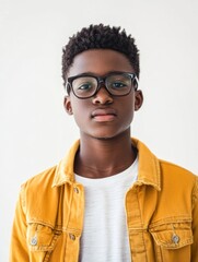 Obraz premium Stylish young black African American teenage boy wearing glasses and a yellow denim jacket in a minimalist studio setting with neutral background