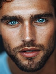 Obraz premium Close-up portrait of a handsome young man with striking blue eyes and a well-defined beard showcasing strong facial features and smooth skin.