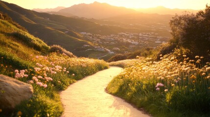 Golden Hour Pathway Through Blooming Hills and Distant Homes