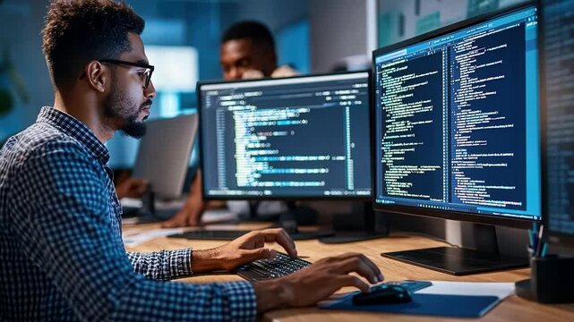 A man is working on a computer with two monitors