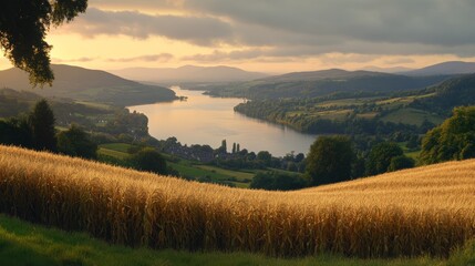 Naklejka premium Golden Hour Serenity Rural Landscape with Lake and Crops