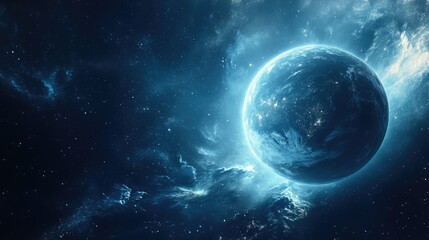 Obraz premium Abstract cosmic landscape showcasing a glowing blue planet in a dark star-filled universe, representing the evolution of Internet technologies and innovation.