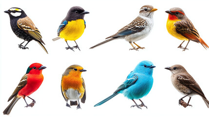 Set of different parrots, isolated on white background