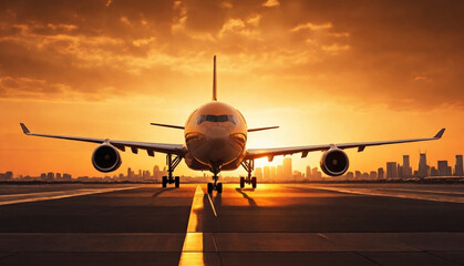 Airliner landing at sunset, city skyline silhouette, dramatic orange sky, reflective runway, golden hour lighting, aviation photography. Generative AI