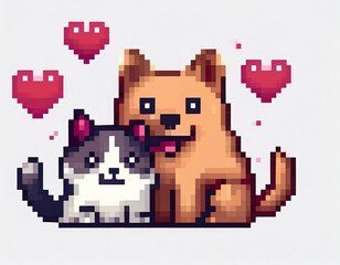 Pixel art dog and cat together in love