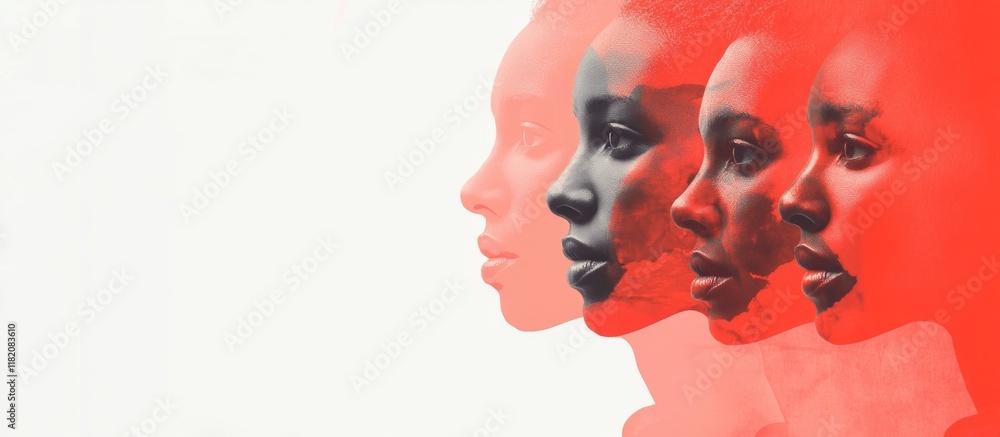 Poster collage of diverse faces in profile silhouettes with warm red and black tones on light background re