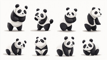 Set of Pandas Isolated on White. Clipart, blanks for collage.