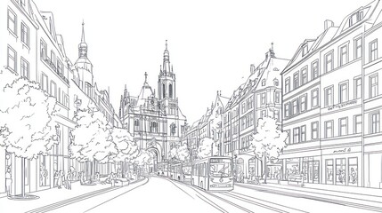 Street view drawing, urban cityscape, transport moving, church background, outline sketch