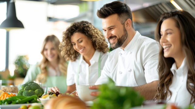 A cheerful cooking class scene with a diverse group of people preparing food together in a bright kitchen.