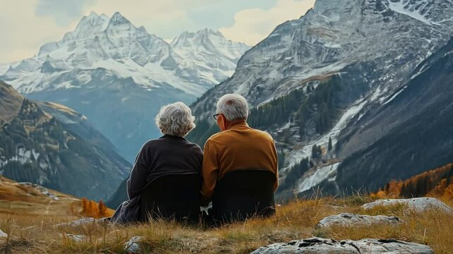 A couple of older people are sitting on a hillside overlooking a mountain range